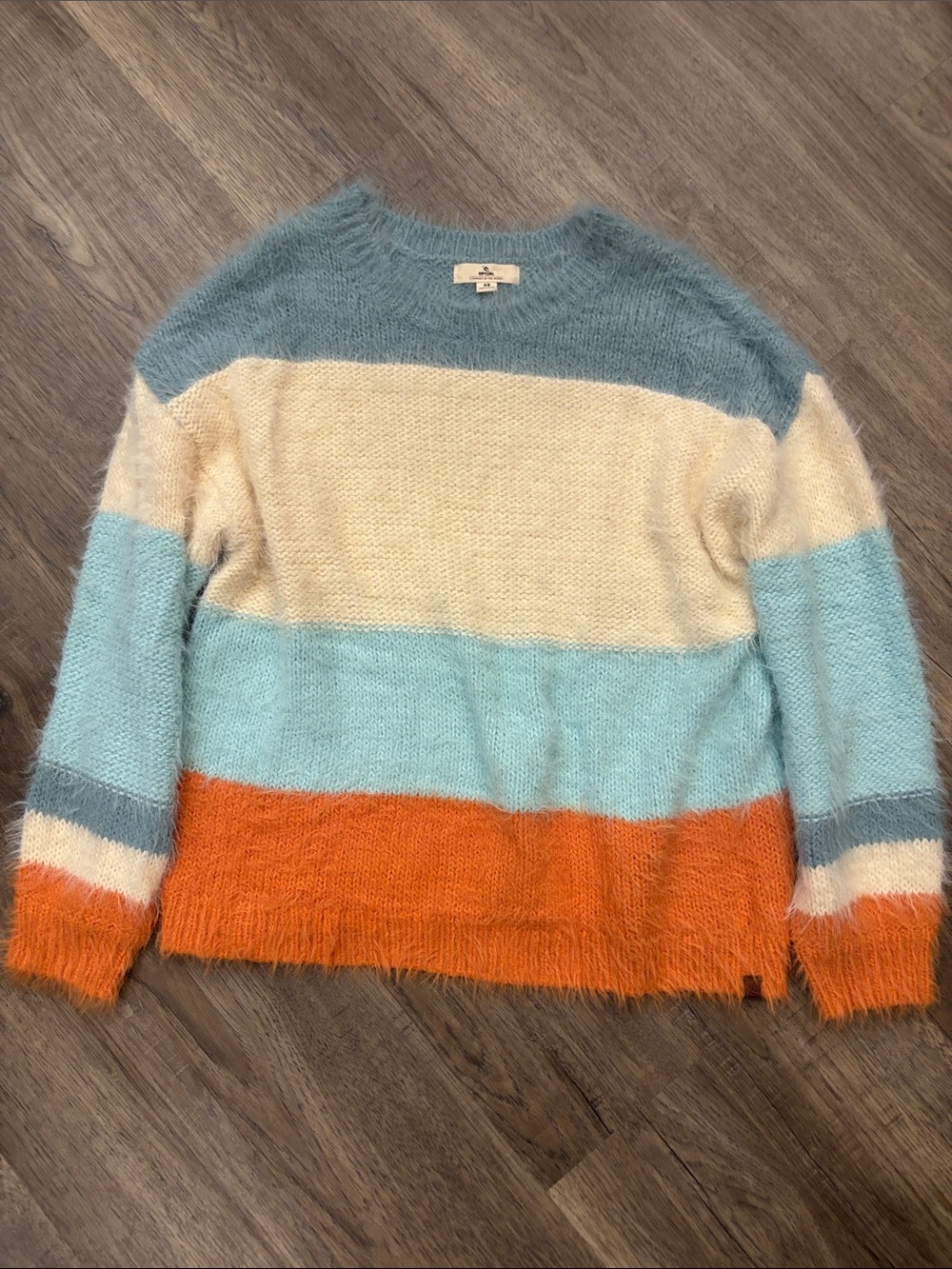 Rip Curl Fuzzy Striped Crewneck Sweater in Cream, Light Blue & Orange